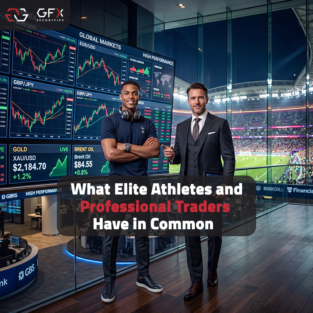 Two men stand in a modern trading room with large screens showing global markets and stock charts, overlay text reads 'What Elite Athletes and Professional Traders Have in Common'.